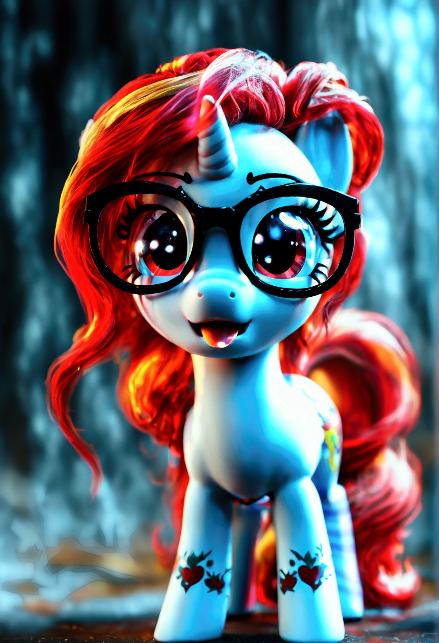 radiant lighting, vibrant colors, whimsical atmosphere, 8K, high resolution, highly detailed, masterpiece, (((my little pony))), four stockings, (red hair, white body, red eyes) cute face, tongue out, striped stockings, standing on four hooves, cool glasses, showing butt, ((a lot of tattoo on body:1.3)), goth style, ((sexy panties))