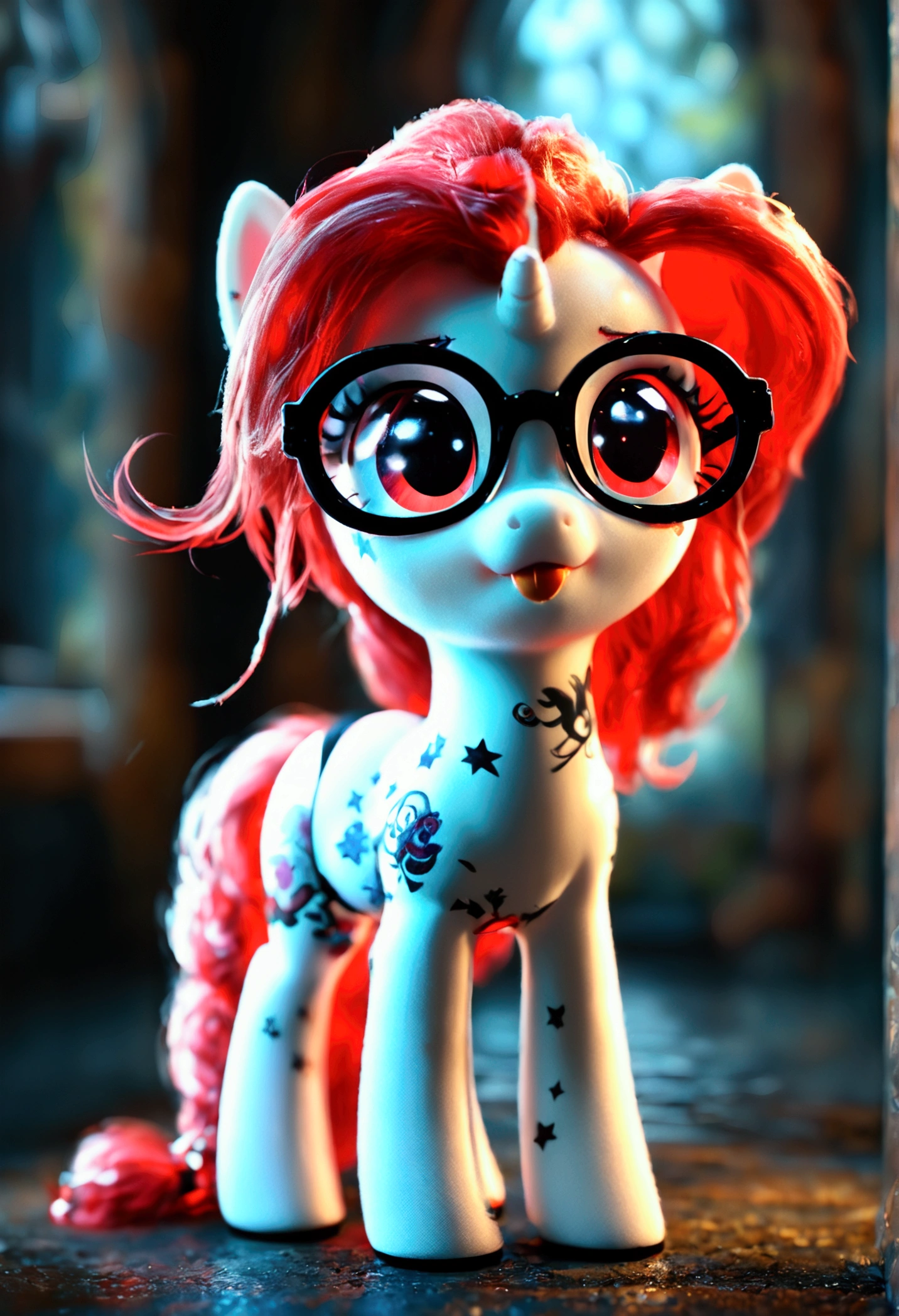 radiant lighting, vibrant colors, whimsical atmosphere, 8K, high resolution, highly detailed, masterpiece, (((my little pony))), four stockings, (red hair, white body, red eyes) cute face, tongue out, striped stockings, standing on four hooves, cool glasses, showing butt, ((a lot of tattoo on body:1.3)), goth style, ((sexy panties))