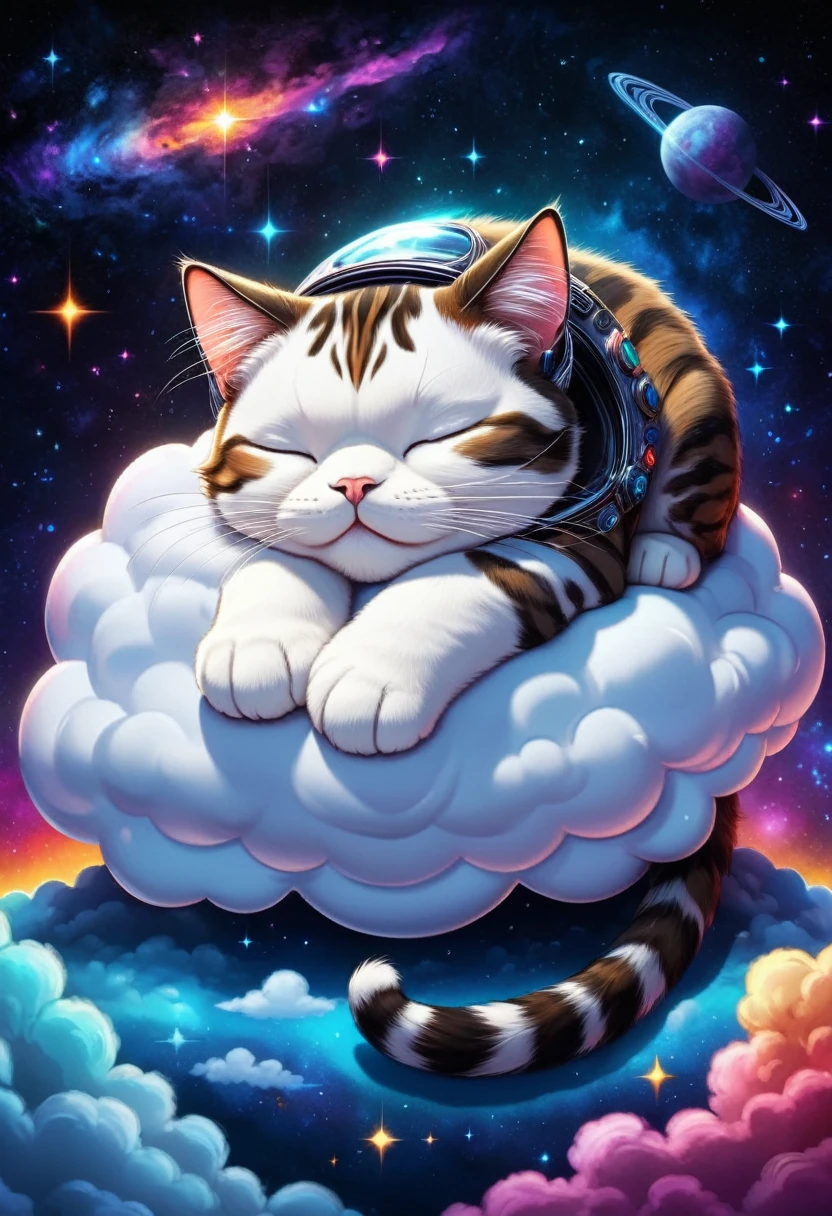 (Cute cartoon style:1.3), (((Close-up of a giant cat sleeping on a soft cloud))), (Sleek Cyberpunk Space Suit:1.2), ((Open your head)), Magnificent cosmic landscapes, Black Hole, ((Shining Star)), Intricate Design, Bright colors, Masterpieces with up to 16K resolution, Highest quality, Super detailed, aesthetics, Absurd.