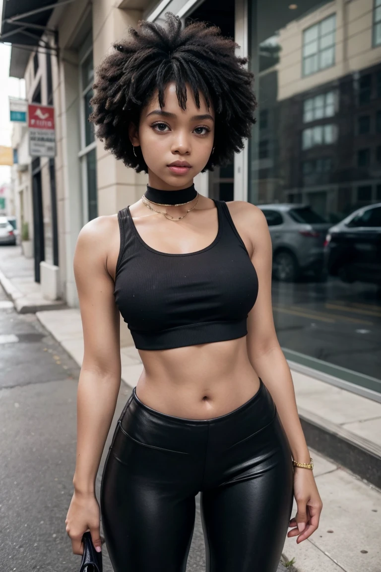 afro american girl, dark skin, behind view, afro haircut, 1 girl, solo, (black leggins) (crop tank top), high heel shoes, sleveless, wide hips