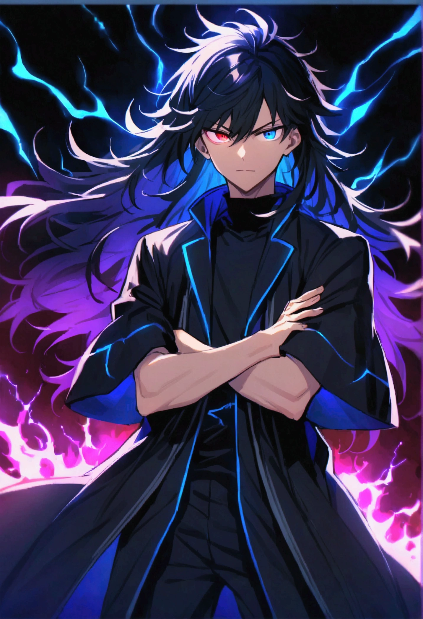 age boy, Messy hair, long hair, multicolored blue and black hair, crossed arms, blue and black eyes, heterochromia, Simple smile, serious face, black jersey, dark blue detailed and wide short-sleeved overcoat, detailed black pants, electric aura around the character,