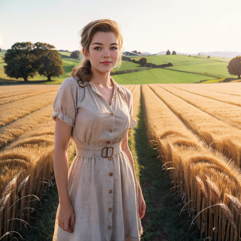 Retro Cam. Melissa Sue Anderson, walking through wheat, countrywoman, pin-up, vintage, 22 years old, perfect body, 40's, perspective, half body detail, sharp focus, light mix, detail, 50's, (high skin detail: 1,2), 8k hd, Wallpaper, DSLR, Luz outfit, high quality, Fujifilm XT3 Grainy Films.