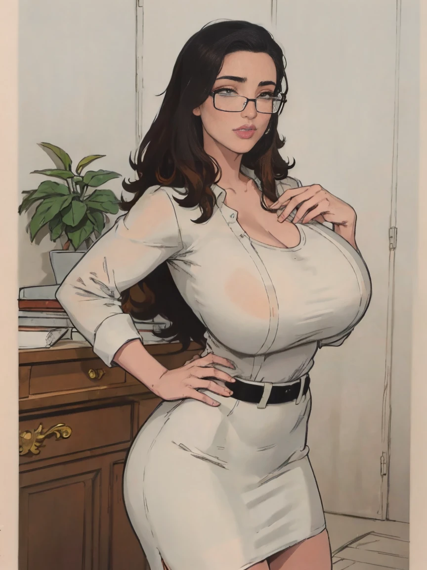 Gorgeous and sultry busty athletic (thin) brunette with sharp facial features and a (large nose) and (huge boobs) wearing a black blazer, white blouse and black pencil skirt, glasses