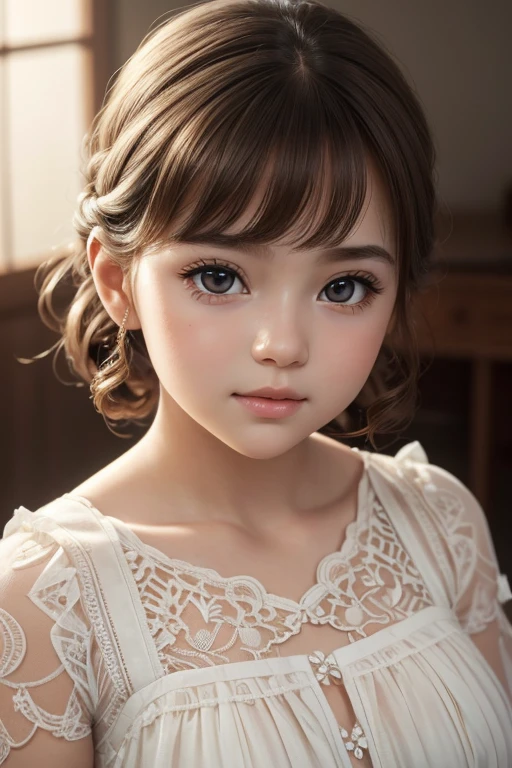 5 years oldul detailed eyes, beautiful detailed lips, extremely detailed facial features, soft angelic smile, wearing white lace dress, delicate skin, chubby cheeks, mesmerizing gaze, macro shot, soft studio lighting, (best quality,4k,8k,highres,masterpiece:1.2),ultra-detailed,(realistic,photorealistic,photo-realistic:1.37),cinematic,warm color tones,natural lighting,porcelain skin,intricate details,adorable,cute,innocent
