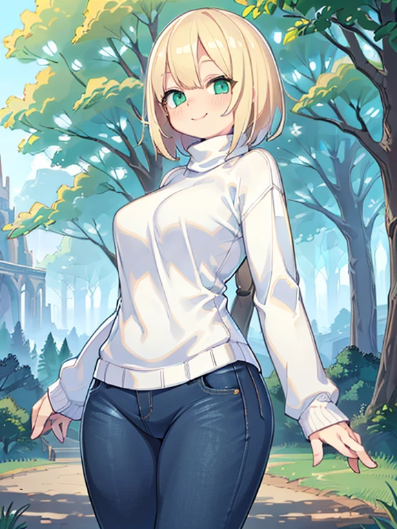 masterpiece, best quality, ultra-detailed, beautiful lighting, woman, tight jeans, blonde hair, (green eyes: 1.3), (white sweater: 1.2), turtleneck, standing, in the park, beautiful scenery, slight blush , smiling, (cute smile: 1.1), (bright lips: 1.1), (beautiful eyes: 1.1), wonderful back, closed mouth, arms behind the back, short hair