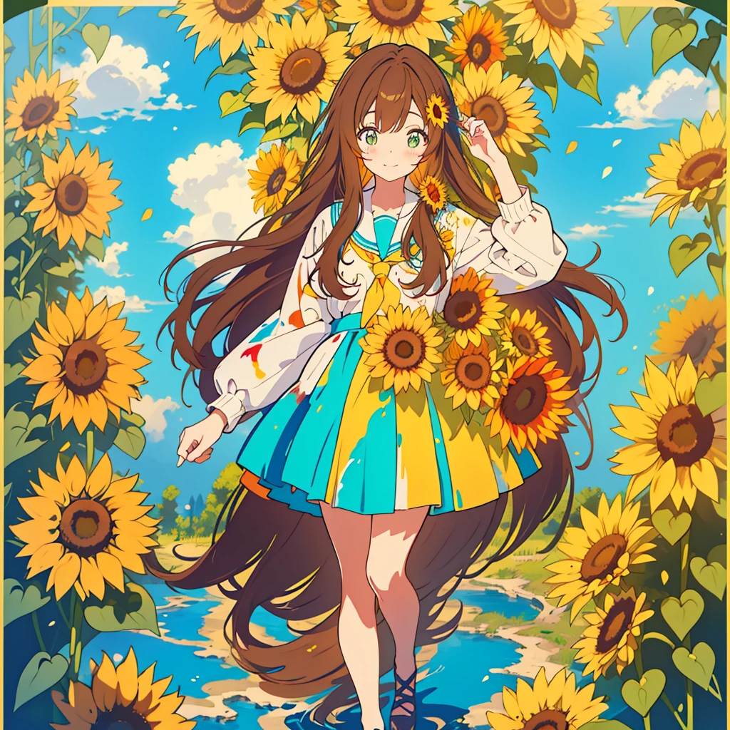 kawaii, anime, Cute, hyper quality, highly detailed, 16k, Front facing, Clarity, full body, one twenty year old woman, stain the whole thing with colorful ink, long brown hair, green eyes, paint color, countless sunflowers, surrounded by sunflowers, Trapped inside a Van Gogh painting, ephemeral, paint, paint, draw with a brush, live inside the canvas, art supplies, oil, wonder, twist, rainbow colored sunflowers, Richly colored, Brightly colored sunflowers, highlight on eyes, smile, splattered ink, scribble, countless handwritings, color palette, ink splash, long hair flowing, Draw eyes clearly, art, painting,