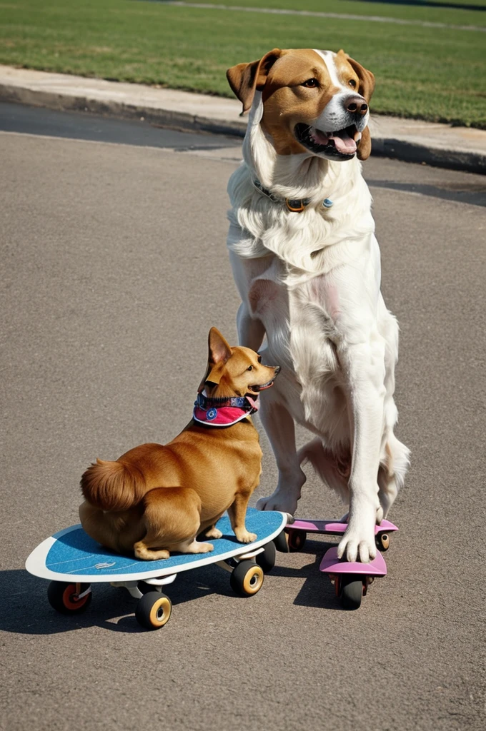 a dog in a skate and on a side are a one chiken talking with messi