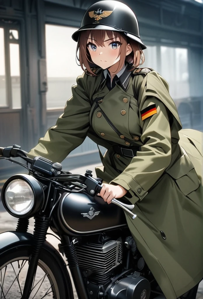 high quality, High-resolution images, Full HD、8K.One Girl Solo.Old German military uniforms,short hair,Wearing a German military helmet,Chestnut Hair,
Drive an old military bike,Military Raincoat,It&#39;s raining, He carries a bayonet on his back, Crossroads in the countryside,Old road sign,Look at the sign



