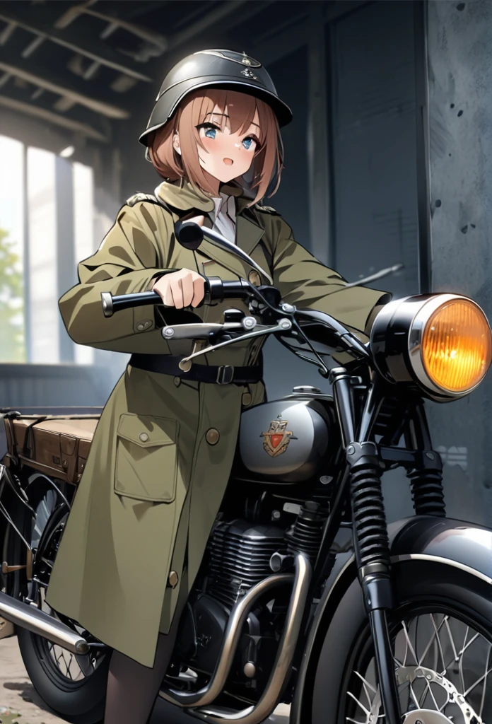 high quality, High-resolution images, Full HD、8K.One Girl Solo.Old German military uniforms,short hair,Wearing a German military helmet,Chestnut Hair,
Drive an old military bike,Military Raincoat,It&#39;s raining, He carries a bayonet on his back, Crossroads in the countryside,Old road sign,Look at the sign



