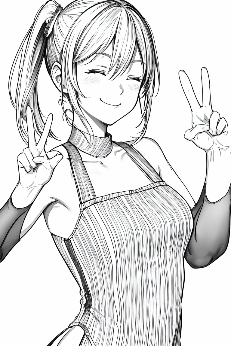 masterpiece,, One girl, alone, short, White Background, Monochrome, Line art, ((sketch))、Facing forward、Wearing a one-piece dress、smile、Making a peace sign、Side ponytail hair、Eyes closed、