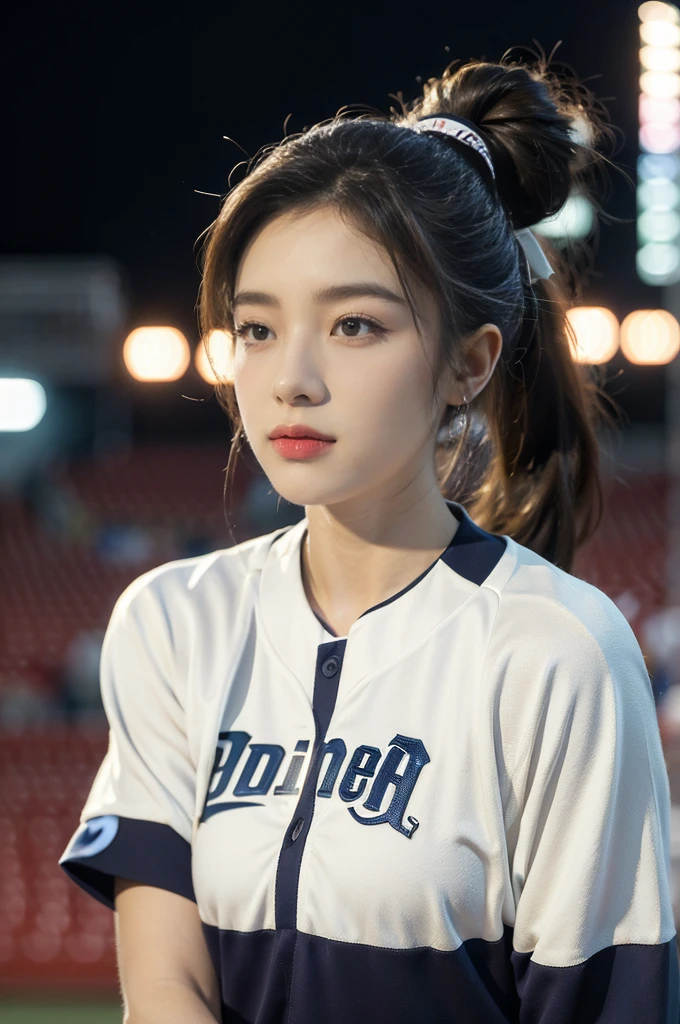 (((best quality))),(((ultra detailed))),(((masterpiece))),illustration,A beautiful female baseball player stands confidently on the field, her team's colors adorning her uniform. Her cap rests neatly atop her head, and her hair is pulled back into a ponytail. She has a determined expression, analyzing the trajectory of the ball. The crowd in the stadium cheers, creating an electric atmosphere. The player's posture is commanding, and her feet are firmly planted on the ground. Her dedication and passion for the game are evident in her every move.(((emotional))),(((athletic))),(((vibrant energy))),(((stadium lights))),(((summer night))),female athlete,((from front,upper body))