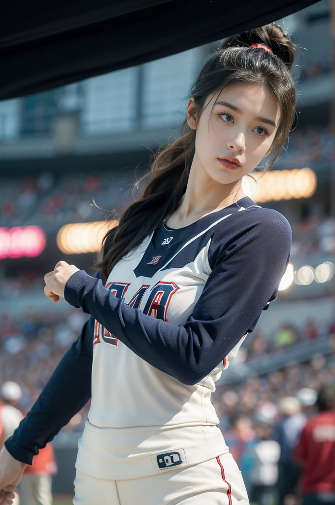 (((best quality))),(((ultra detailed))),(((masterpiece))),illustration,A beautiful female baseball player stands confidently on the field, her team's colors adorning her uniform. Her cap rests neatly atop her head, and her hair is pulled back into a ponytail. She has a determined expression, analyzing the trajectory of the ball. The crowd in the stadium cheers, creating an electric atmosphere. The player's posture is commanding, and her feet are firmly planted on the ground. Her dedication and passion for the game are evident in her every move.(((emotional))),(((athletic))),(((vibrant energy))),(((stadium lights))),(((summer night))),female athlete,((from front,upper body))