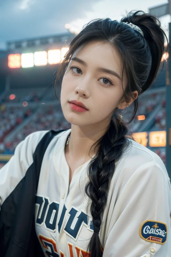 (((best quality))),(((ultra detailed))),(((masterpiece))),illustration,A beautiful female baseball player stands confidently on the field, her team's colors adorning her uniform. Her cap rests neatly atop her head, and her hair is pulled back into a ponytail. She has a determined expression, analyzing the trajectory of the ball. The crowd in the stadium cheers, creating an electric atmosphere. The player's posture is commanding, and her feet are firmly planted on the ground. Her dedication and passion for the game are evident in her every move.(((emotional))),(((athletic))),(((vibrant energy))),(((stadium lights))),(((summer night))),female athlete,((from front,upper body))