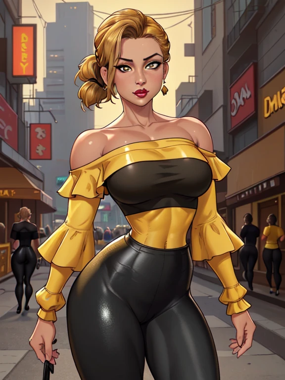 (best quality:1.3), (4K quality),masterpiece, best quality, high res, detailed, (Detailed face:1.2), (Detailed eyes:1.2), (Hourglass figure:1.2), 1girl, solo, 36-years-old, tan olive skin, short blonde hair, pony tail style, emerald eyes, eyeshadow, mascara, red lipstick, medium breasts, ((Wearing a yellow off-shoulder top, shiny black leggings)), standing outside on Los Angeles streets, people in the surroundings, busy atmosphere, cinematic lighting, detailed background,
