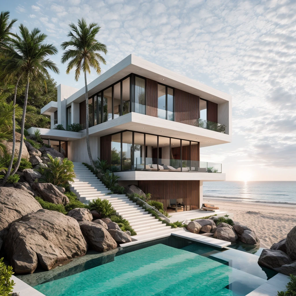 the exterior of modern villa on the beach, masterpiece, photorealistic, best quality, ultra high res, architechture shot, composite construction, piles/stacks, innovative page design,natural light,early morning environment,Vray,
RAW photo, 8k uhd, dslr, soft lighting, high quality, film grain, Fujifilm XT3
