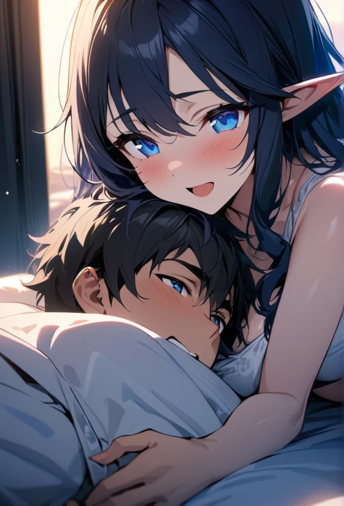 (couple), girl and boy, watching tv in bed together, rich in detail, competitive, happy expression, love, wide angle, 1girl, (((masterpiece, best quality, aesthetic, heavenly))), ((girl elf ,with blue eyes, vibrant white long hair)), intimate, 1boy, ((boy with blue eyes, short black curly hair))
