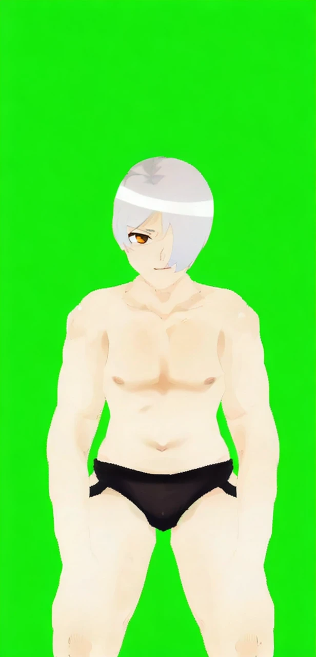boy, White hair, exciting facial expression, Brown eyes, licks his lips, red cheeks, naked, in black shorts