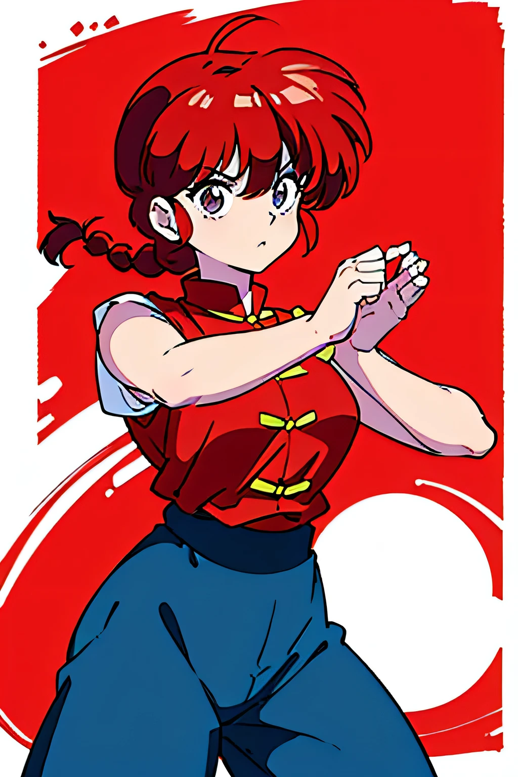 (8k, Foto RAW, La mejor calidad, Obra maestra:1.2), Ranma Chan, Ranma Red Shirt, red hair, braided belt, blue pants, martial art, red dragon background