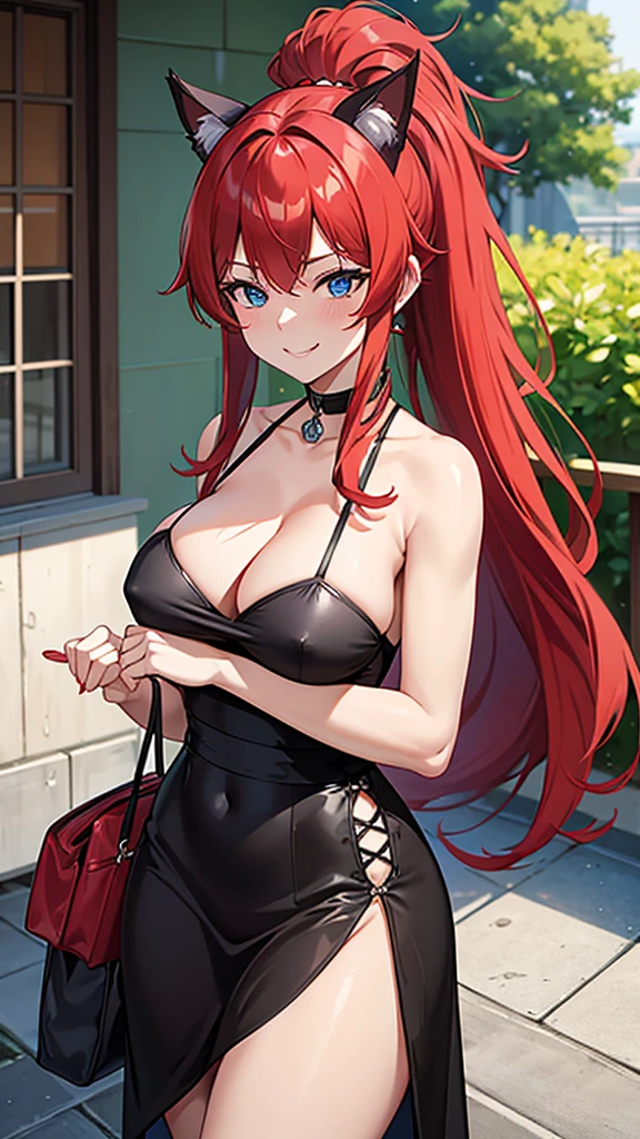 ,milf,red hair , ponytail hair, black cat ears ,ชุดว่ายน้ำผู้หญิงที่มีขน, blue eyes, big breasts, correct anatomy,milf smile,