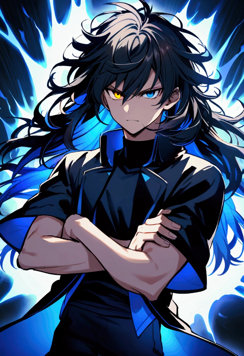 age boy, Messy hair, long hair, multicolored blue and black hair, crossed arms, blue and black eyes, heterochromia, Simple smile, serious face, black jersey, dark blue detailed and wide short-sleeved overcoat, detailed black pants, electric aura around the character,
