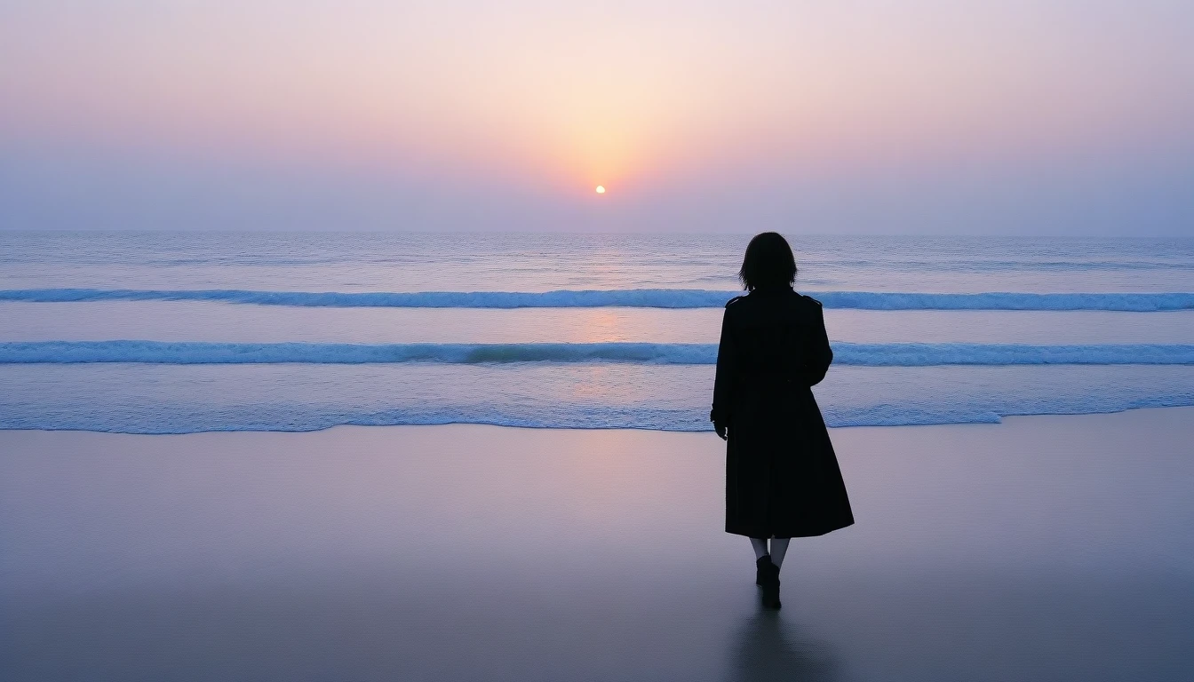 8K, Vivid picture quality, The picture quality is alive, long deserted beach, sunrise view from afar, short hair that covers the neck, , Black trench coat, red light of sunset, sunset, alone, afternoon, depressed, tide가 밀려온다, ocean, tide, wind, short korean girl, 잔잔한 tide,
