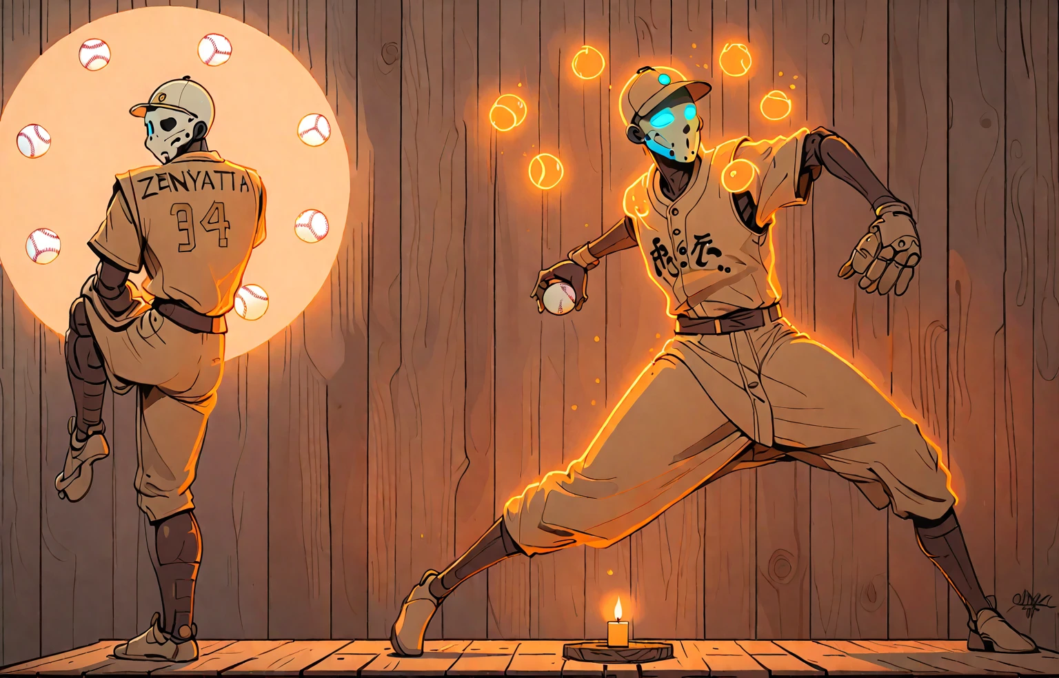 zenyatta, omnic monk, baseball pitcher, line drawing, minimal, sketch, wood palette color tones, warm wooden coloring, rich wooden color grading, natural sunlight, dim candlelight, low level neon glow hum, 