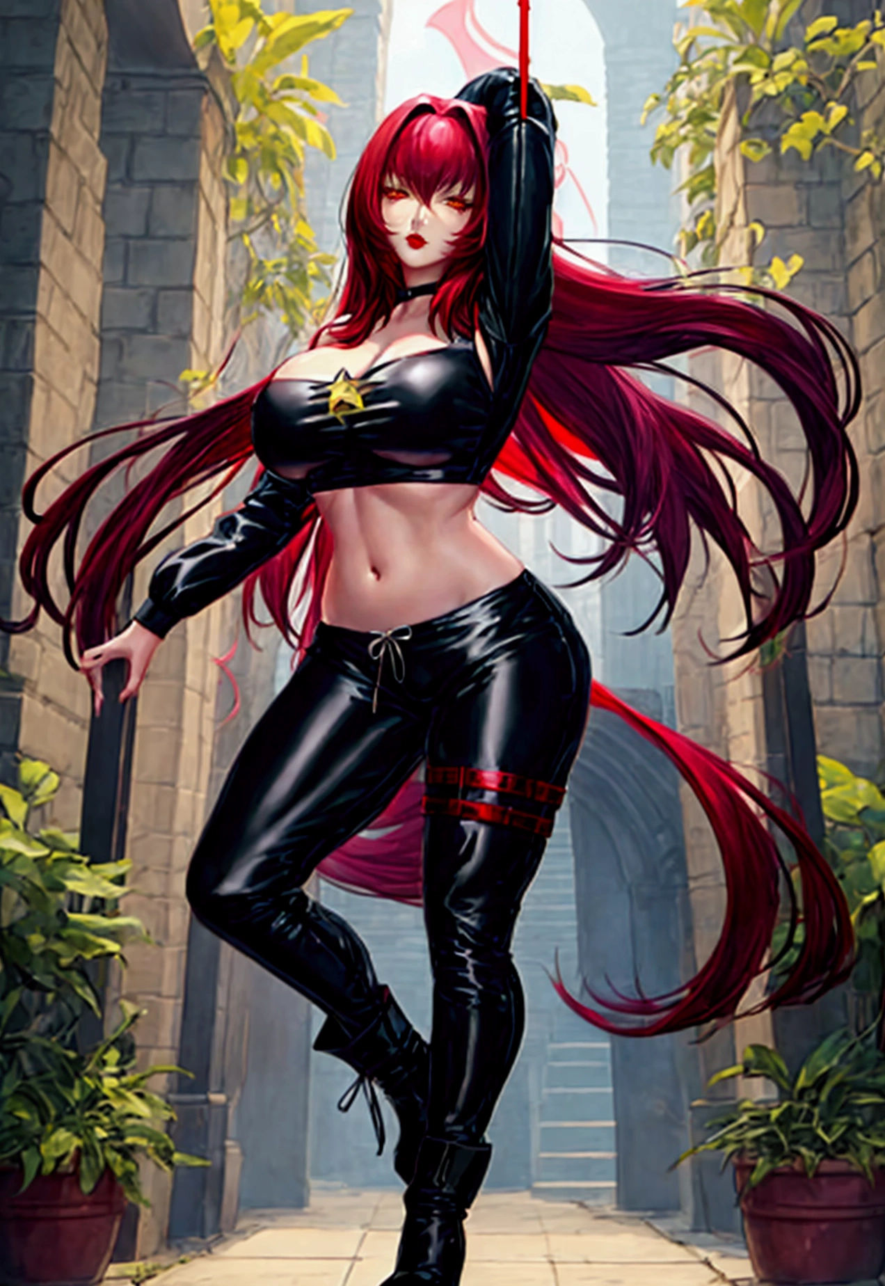 Large breasts,female 、Scathach, girl, (masterpiece: 1.1), (highest quality: 1.1), Sexy korean idol girl, red hair, kpop outfit, black top (star shape), green joggers, black militar boots, long hair, red hair, yellow eyes, red lips, sexy pose, dancing, full body.