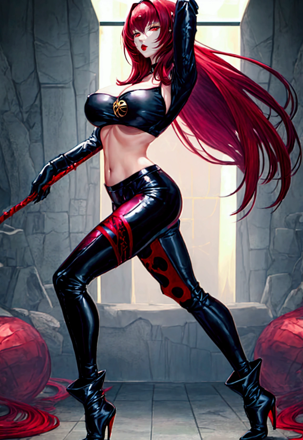 Large breasts,female 、Scathach, girl, (masterpiece: 1.1), (highest quality: 1.1), Sexy korean idol girl, red hair, kpop outfit, black top (star shape), green joggers, black militar boots, long hair, red hair, yellow eyes, red lips, sexy pose, dancing, full body.