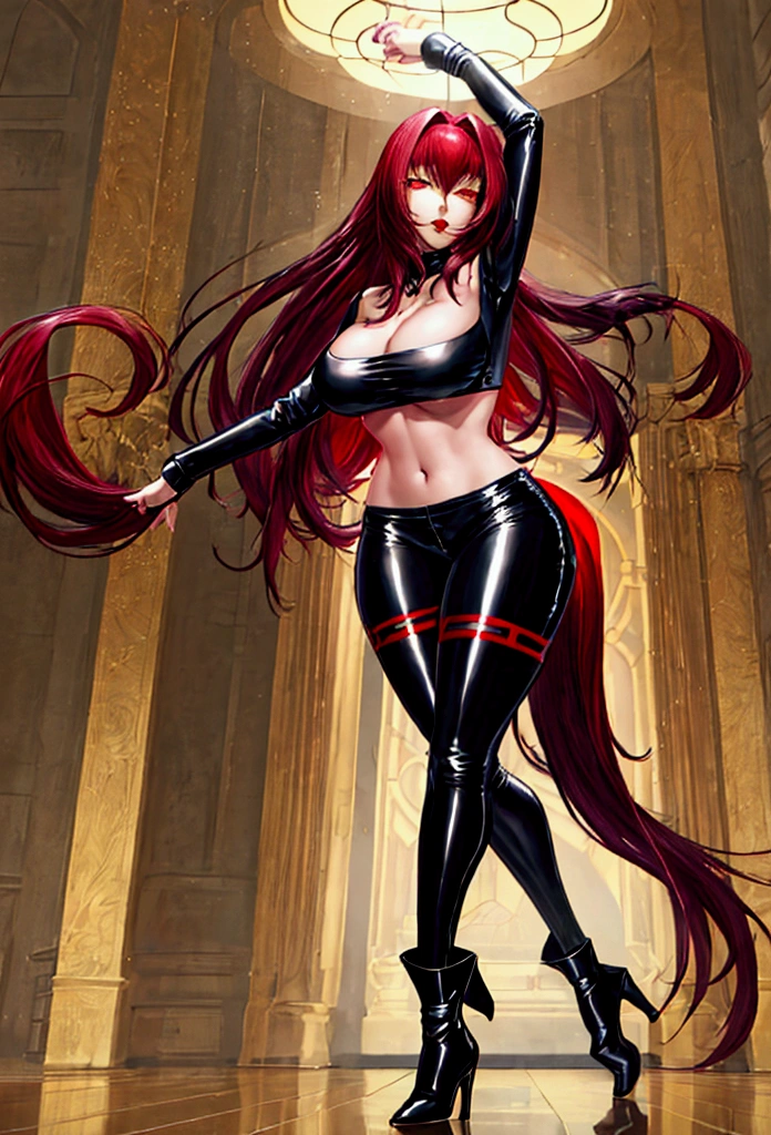 Large breasts,female 、Scathach, girl, (masterpiece: 1.1), (highest quality: 1.1), Sexy korean idol girl, red hair, kpop outfit, black top (star shape), green joggers, black militar boots, long hair, red hair, yellow eyes, red lips, sexy pose, dancing, full body.