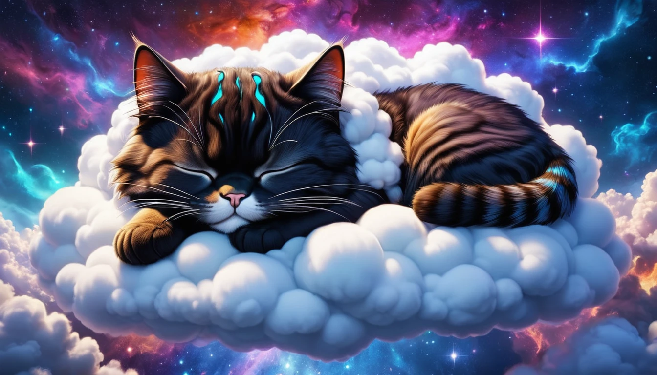 (Cute cartoon style:1.3), (((Close-up of a giant cat sleeping on a soft cloud))), (Sleek Cyberpunk Space Suit:1.2), ((Open your head)), Magnificent cosmic landscapes, Black Hole, ((Shining Star)), Intricate Design, Bright colors, Masterpieces with up to 16K resolution, Highest quality, Super detailed, aesthetics, Absurd.