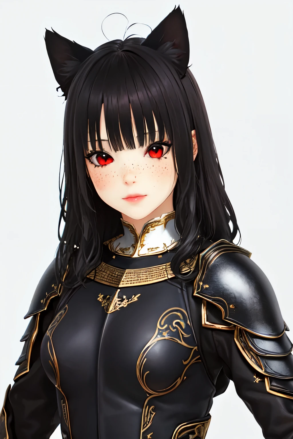 masterpiece, (realistic), highres, highly detailed, intricate, beautiful woman, black hair, red eyes, cat ears, freckles, detailed face, knight, armor