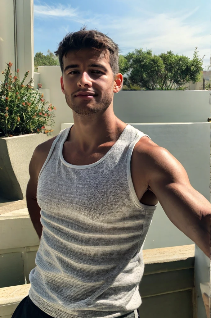 a handsome boy, darelljones, realistic, upper_body, (masterpiece, best quality:1.2), natural light, upper body, tank top, outdoors, detailed skin,, (masterpiece,best quality:1.5)com o pênis duro amostra 