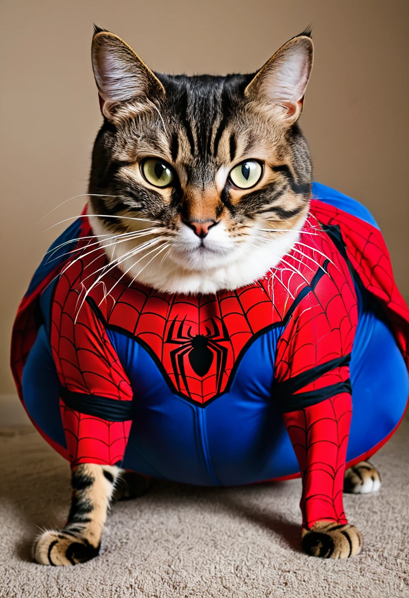 Fat cat squeezed into Spider-Man costume