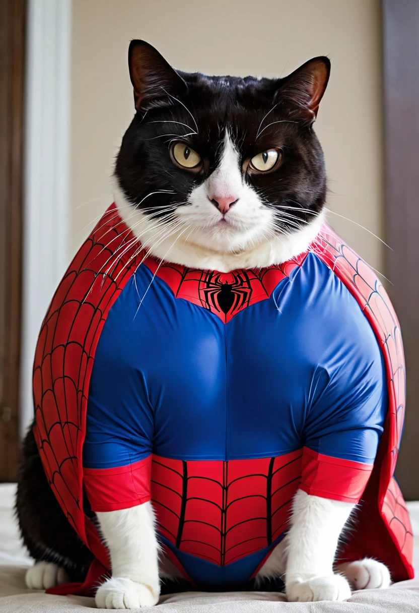 Fat cat squeezed into Spider-Man costume