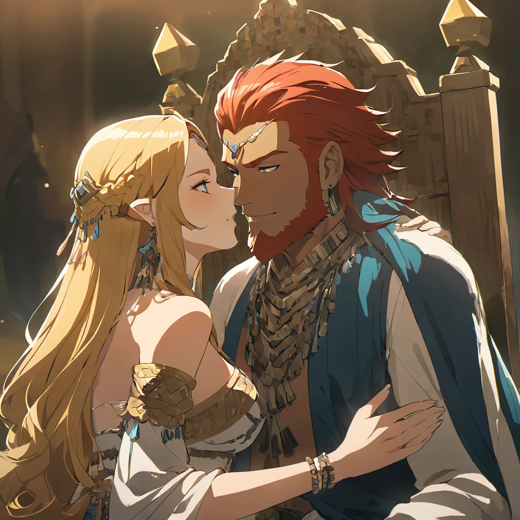 ((Highest quality)), ((masterpiece)), (detailed), （Perfect Face）、The woman is Queen Zelda of the Gerudo tribe, she has blonde hair, blue eyes, wears the gorgeous dress of the Gerudo queen, and loves the man dearly.、The man is a dignified, middle-aged man of the Gerudo tribe, bearded, muscular, red-haired, dark-skinned King Ganondorf, king of the Gerudo tribe, dressed in the luxurious clothing of the Gerudo king, and loving women.、A man and woman are kissing close together on the luxurious throne of the Gerudo royal family.、A queen and a king in love、The woman has red hair and is holding a brown-skinned baby.