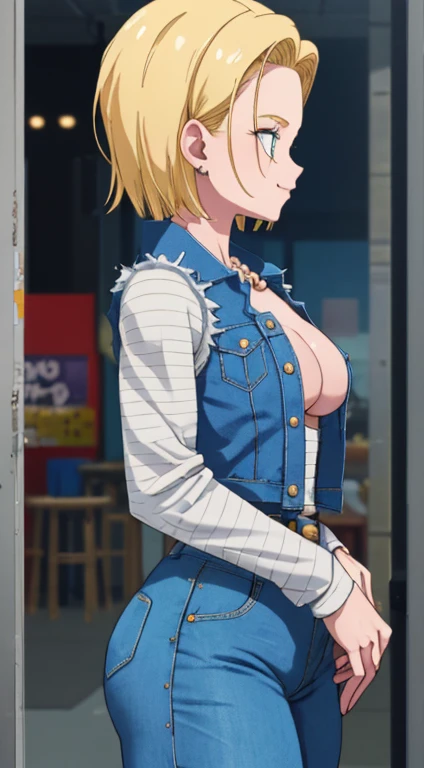 ((master part,best quality)), blondie hair, yellow hair, absurderes, android_18_.Db, Denim Jeans Pants, striped long sleeve shirt, blue denim vest, standing alone, smiling, Looking at Viewer, cowboy shot, cinematic composition, dynamic pose, fully body, brown boots, side profile, showing the side of the leg, showing side, from side, standing on her feet, fully body, Denim Jeans Pants azul, reflection, short-hair, big-ass, neckleace, Waist slender, big boobies,