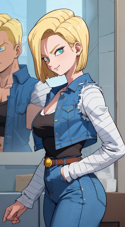 ((master part,best quality)), blondie hair, yellow hair, absurderes, android_18_.Db, Denim Jeans Pants, striped long sleeve shirt, blue denim vest, standing alone, smiling, Looking at Viewer, cowboy shot, cinematic  composition, dynamic pose, fully body, brown boots, side profile, showing the side of the leg, showing side, from side, standing on her feet, fully body, Denim Jeans Pants azul, reflection, short-hair, big-ass, neckleace, Waist slender, big boobies,