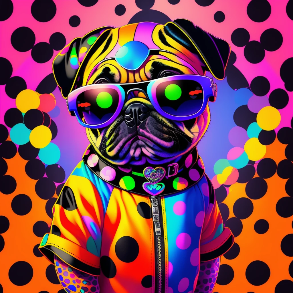 (1 pug puppy（anthropomorphic turtle））wearing a choker，with tattoos, sunglasses, Black leather jacket，Psychedelic punk artist， (((full bodyesbian))), concept-art,Vivid colors, rim-light, Extremely detailed Cg Unity 8K wallpaper, trending on artstationh, Yayoi Kusama's pop art style, iintricate, High detail