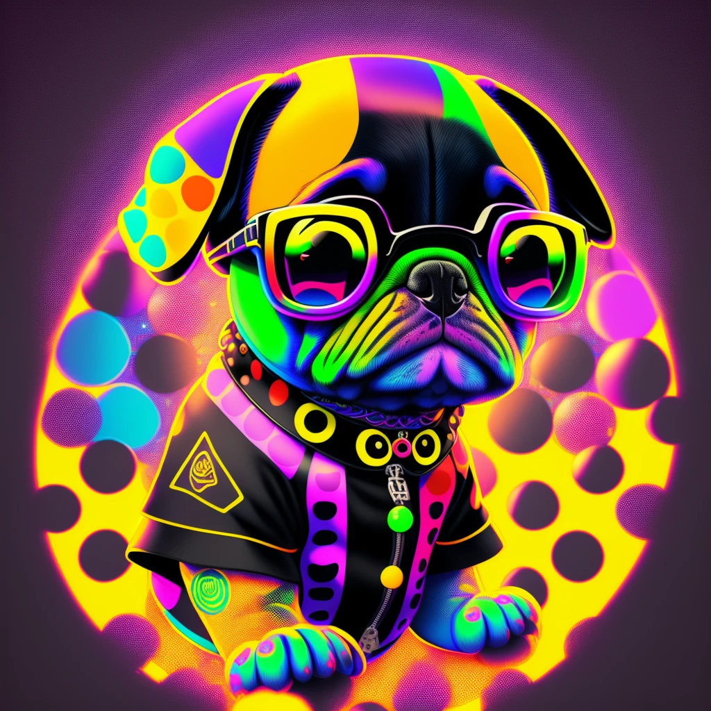 (1 pug puppy(anthropomorphic turtle))wearing a choker,with tattoos, sunglasses, Black leather jacket,Psychedelic punk artist, (((full bodyesbian))), concept-art,Vivid colors, rim-light, Extremely detailed Cg Unity 8K wallpaper, trending on artstationh, Yayoi Kusama's pop art style, iintricate, High detail