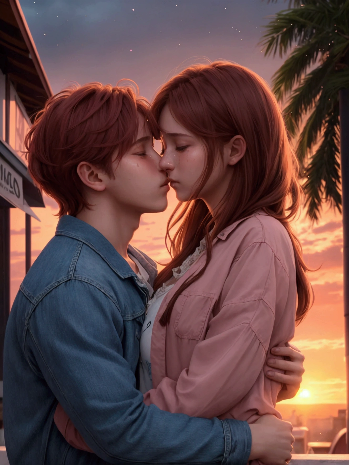 a girl is crying, sad, clinging to a guy, a guy calms a girl, a pink sunset, a romantic magical atmosphere, facing each other, side view, looking at each other, hugs, (1 girl, 1 guy: 1.5), (30 years: 1.5), (masterpiece: 1.3), illustration. (beautiful detailed light: 1), (beautiful detailed face: 1,4), (cinematic light: 1,2), over-detailed, (guy: (disheveled hair: 1), (guy: red-red hair) (kisses on the forehead: 0.5), blue eyes, (fair skin:1.3), (blue, denim jacket:1.5). 
(girl: short, , brown hair gathered in bunches) rainbow shirt, (girl: fair skin:1,3)), (guy kisses a girl on the forehead) side view, hugs, (beautiful detailed background: 1.3), sunset background, street background, (luminous white particles), (illustration:1.3), masterpiece, fascinating illustration, natural beauty