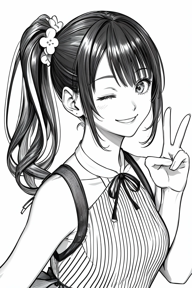 masterpiece,, One girl, alone, short, White Background, Monochrome, Line art, ((sketch))、Facing forward、Wearing a one-piece dress、smile、Making a peace sign、Side ponytail hair、One eye closed、
