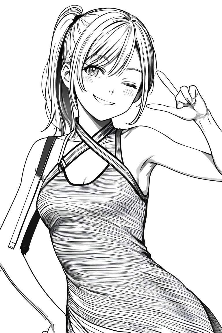 masterpiece,, One girl, alone, short, White Background, Monochrome, Line art, ((sketch))、Facing forward、Wearing a one-piece dress、smile、Making a peace sign、Side ponytail hair、One eye closed、