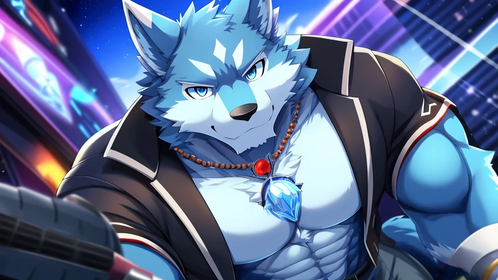 bynamic angle,depth of field, motion blur, absurdres,looking at viewer, (best quality), (masterpiece), (ultra detailed),(detailed eyes),sharp focus,manga,anthro male Blue Wolf,(muscular),Huge body chest , own pet kitty ,sky blue eyes,handsome jacket blue cyber city gray pants holding a microphone star pendant necklace galaxy 