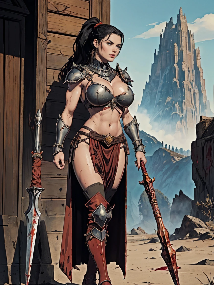 (masterpiece, top quality, best quality, official art, beautiful and aesthetic:1.2), (1girl:1.3), ((Sharp facial features, sharp features, hawkish features)), ((pale skin, orange eyes, big hair, long black hair, ponytail)), big tiddy chaos warrior girl, extremely detailed, portrait, looking at viewer, solo, (full body:0.6), detailed background, full-body shot, (hot desert mountain theme:1.1), chaos warrior, (spiky helmet), charlatan, smirk, mysterious, swaying in mountains, armor, red metal, brass trim, long boots, blood red fabric, pelvic curtain, loincloth, black leather, ((((spear, heavy armor, blood, blood splatter, armored, gigantic breasts, long legs, pelvic curtain, toned, muscular)))), cute belly button, toned tummy, slim waist, slim hips, long legs, medieval (mountain exterior:1.1) background, dark mysterious lighting, shadows, magical atmosphere, dutch angle