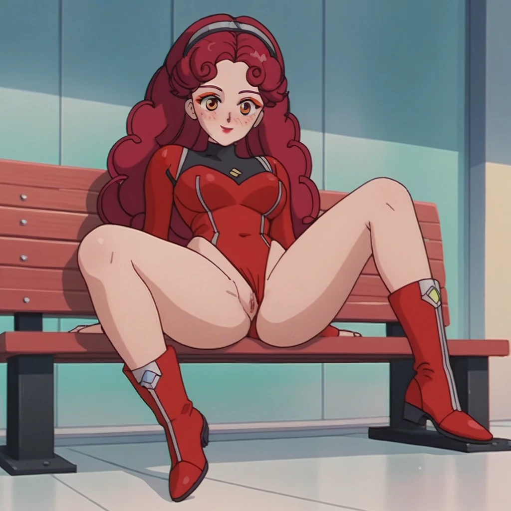 newest,nsfw,1girl,solo,blush, (masterpiece, best quality), extremely detailed,illustration, full body, red eyes, red eyeshadow, ((crimson red hair, long hair, curly hair, fluffy hair, 80's hairspray, bangs)), smiling, red lipstick, beautiful woman, light skin, ((panties aside, pussy, wearing long sleeve leotard, latex leotard, shiny leotard, highleg leotard, red leotard,bare legs, red boots)), looking at viewer, thick thighs, large breasts, wide hips, thin waist, freckles, curvy, voluptuous, anime screencap, sitting on bench, spread legs