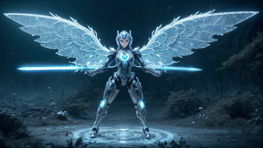 (Full body shot:1.4),(Wide Angle Shot) (long shot: 1.3), (Intricate details:1.4), (Masterpiece) , ((Anime Robot, Beautiful White Skin Golem, Angel, 1girl, Magic)), (Perfect Aesthetic Eyes:1.3) , (Detailed Eyes) , (Halo) , (Elden ring:1.4), (Wings:1.3), Glowing, Twintails Hair, Multicolored Hair, (Anatomically Correct Body:1.4) , Angry, (Perfect Face), Saenyo Ancalagon Majestic Guardian Knight | Ultra Detailed Robotic Armor | Cinematic Lighting | Intricate filigree metal design | 16k | Unreal Engine 5 | Octane Render | 3d, (anatomically correct :1.4), (Ultra Detailed, Fantasy Background, Blush, Solo, Fightning Stance), (magic circle:1.3), Lightning Effect, (Ray Tracing), Show Your Ability A.I., (Glowing Eyes) , (Particles Glowing) , 16k Wallpaper, Robot Female, Trending on Pintrest, By Nimox AI, UHD, (((glowing sword:1))), (((long sword:1.0)))