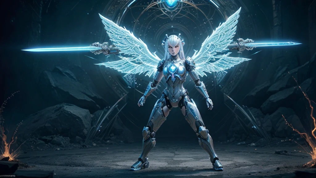 (Full body shot:1.4),(Wide Angle Shot) (long shot: 1.3), (Intricate details:1.4), (Masterpiece) , ((Anime Robot, Beautiful White Skin Golem, Angel, 1girl, Magic)), (Perfect Aesthetic Eyes:1.3) , (Detailed Eyes) , (Halo) , (Elden ring:1.4), (Wings:1.3), Glowing, Twintails Hair, Multicolored Hair, (Anatomically Correct Body:1.4) , Angry, (Perfect Face), Saenyo Ancalagon Majestic Guardian Knight | Ultra Detailed Robotic Armor | Cinematic Lighting | Intricate filigree metal design | 16k | Unreal Engine 5 | Octane Render | 3d, (anatomically correct :1.4), (Ultra Detailed, Fantasy Background, Blush, Solo, Fightning Stance), (magic circle:1.3), Lightning Effect, (Ray Tracing), Show Your Ability A.I., (Glowing Eyes) , (Particles Glowing) , 16k Wallpaper, Robot Female, Trending on Pintrest, By Nimox AI, UHD, (((glowing sword:1))), (((long sword:1.0)))
