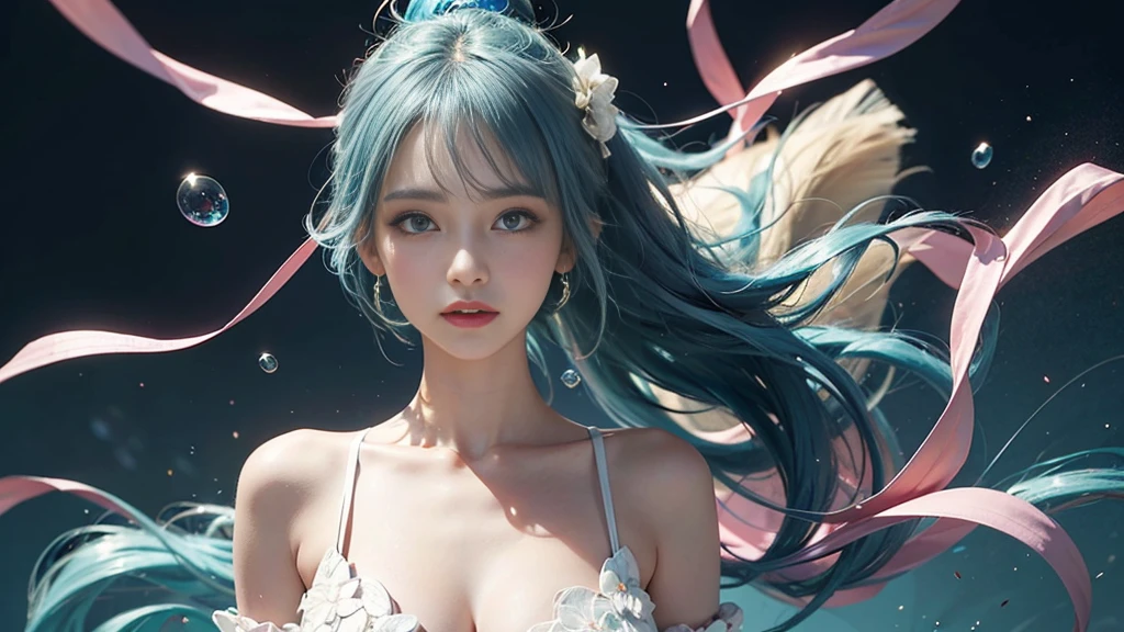 (masterpiece), (Highest quality), (Very detailed), (Disheveled Hair), (shape), (One Girl), (Fashionable clothes), Are standing, Fashion Model, Beholder, (interview), (Simple Background), Beautiful and beautiful eyes, Delicate and beautiful face, floating, (High chroma), (Colorful Splash), Colorful bubbles, (Shine), Focus on the face, ponytail, Light blue hair, bangs, Hair Ring, floating Flowers, floating Hairs, (The Shining), Best lighting, Best Shadow, Big, firm, swaying breasts