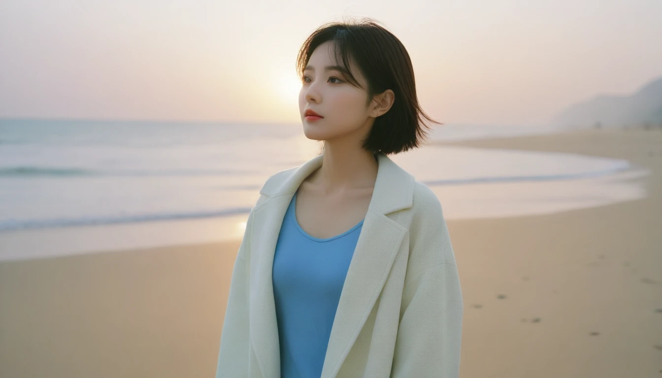 8K, Vivid picture quality, The picture quality is vivid, Realistic and perfect picture quality, long deserted beach, 멀리서 sun rise 뷰어, short hair that touches the shoulders and covers the neck, sun rise의 붉은 빛, sun rise, alone, afternoon, depressed, tide가 밀려온다, ocean, tide, wind, short korean girl, neck polar light coat, 잔잔한 tide