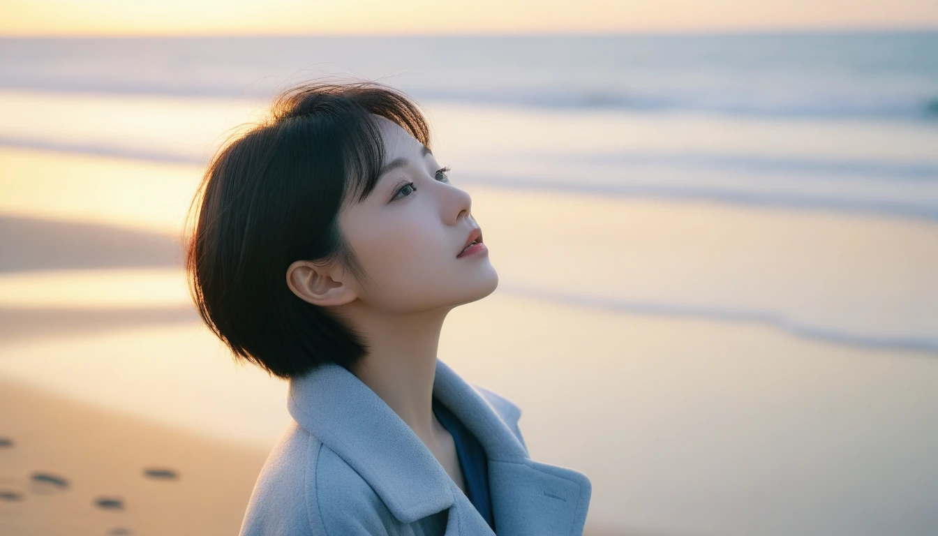 8K, Vivid picture quality, The picture quality is vivid, Realistic and perfect picture quality, long deserted beach, 멀리서 sun rise 뷰어, short hair that touches the shoulders and covers the neck, sun rise의 붉은 빛, sun rise, alone, afternoon, depressed, tide가 밀려온다, ocean, tide, wind, short korean girl, neck polar light coat, 잔잔한 tide